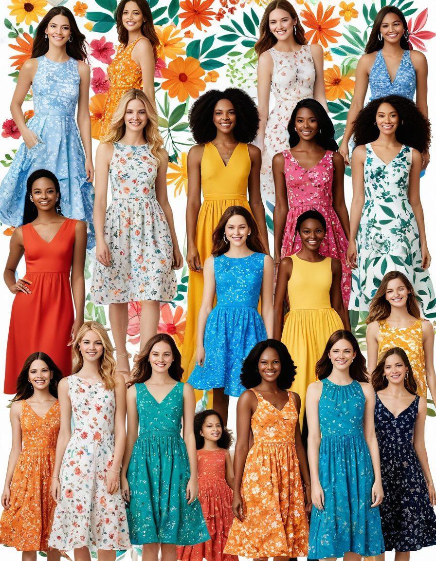 A vibrant collage showcasing a variety of colorful dresses from the Ross Dress Collection, each representing different seasons like spring florals, summer brights, autumn shades, and winter cozy textures. Incorporate elements of joy, such as smiling models in playful poses, surrounded by seasonal decorations like blooming flowers, sun, leaves, and snowflakes. The background should be lively and bright to reflect the theme of joy and celebration. vector art. vibrant colors. white background.