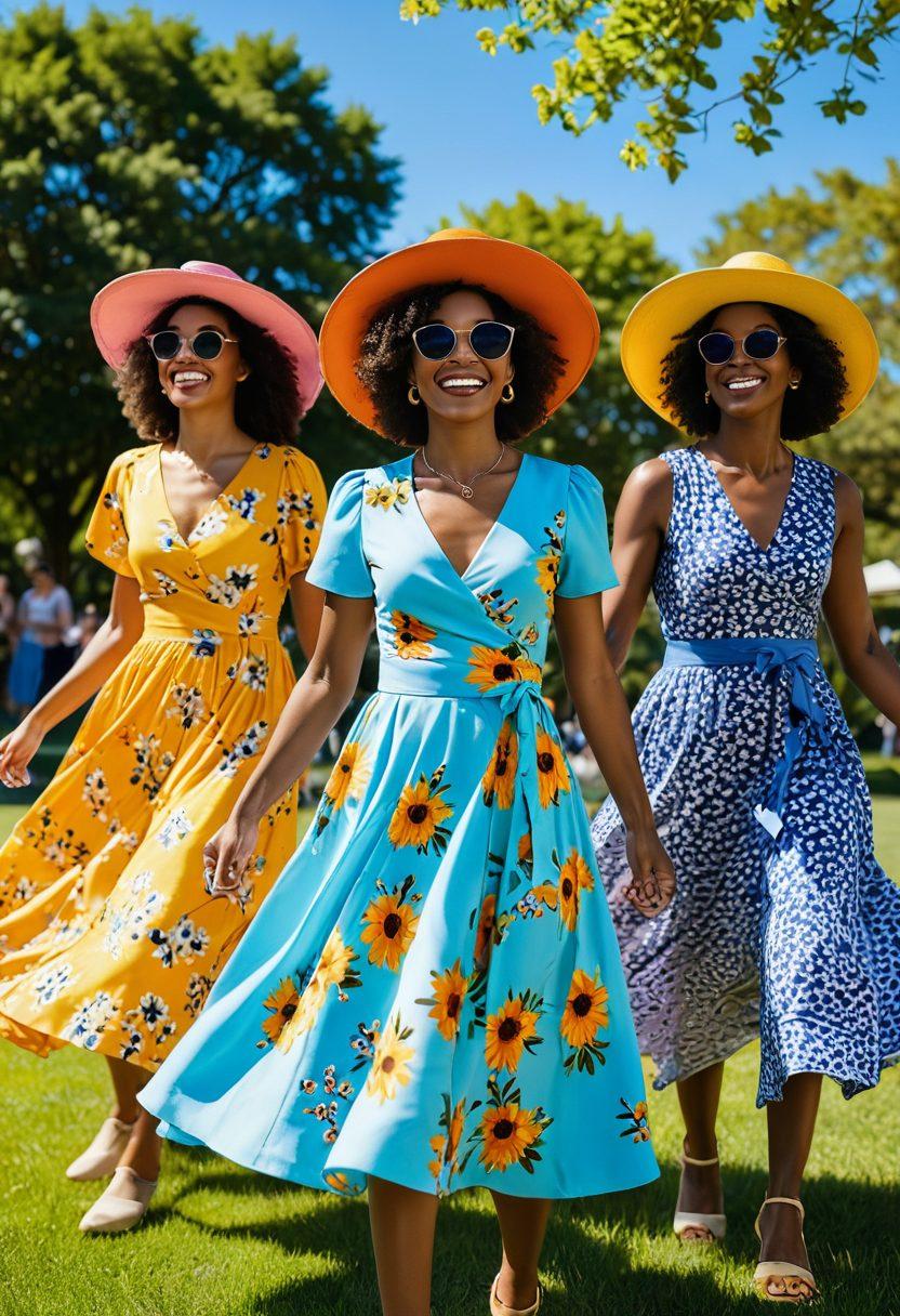 A vibrant and stylish scene showcasing a diverse group of women in cheerful, trendy dresses while twirling in a sunlit park. The dresses feature bold patterns and bright colors, capturing a sense of joy and confidence. Accessories like hats and sunglasses are creatively incorporated, enhancing their looks. The background has blooming flowers and a bright blue sky, radiating positivity. super-realistic. vibrant colors. minimalistic background.