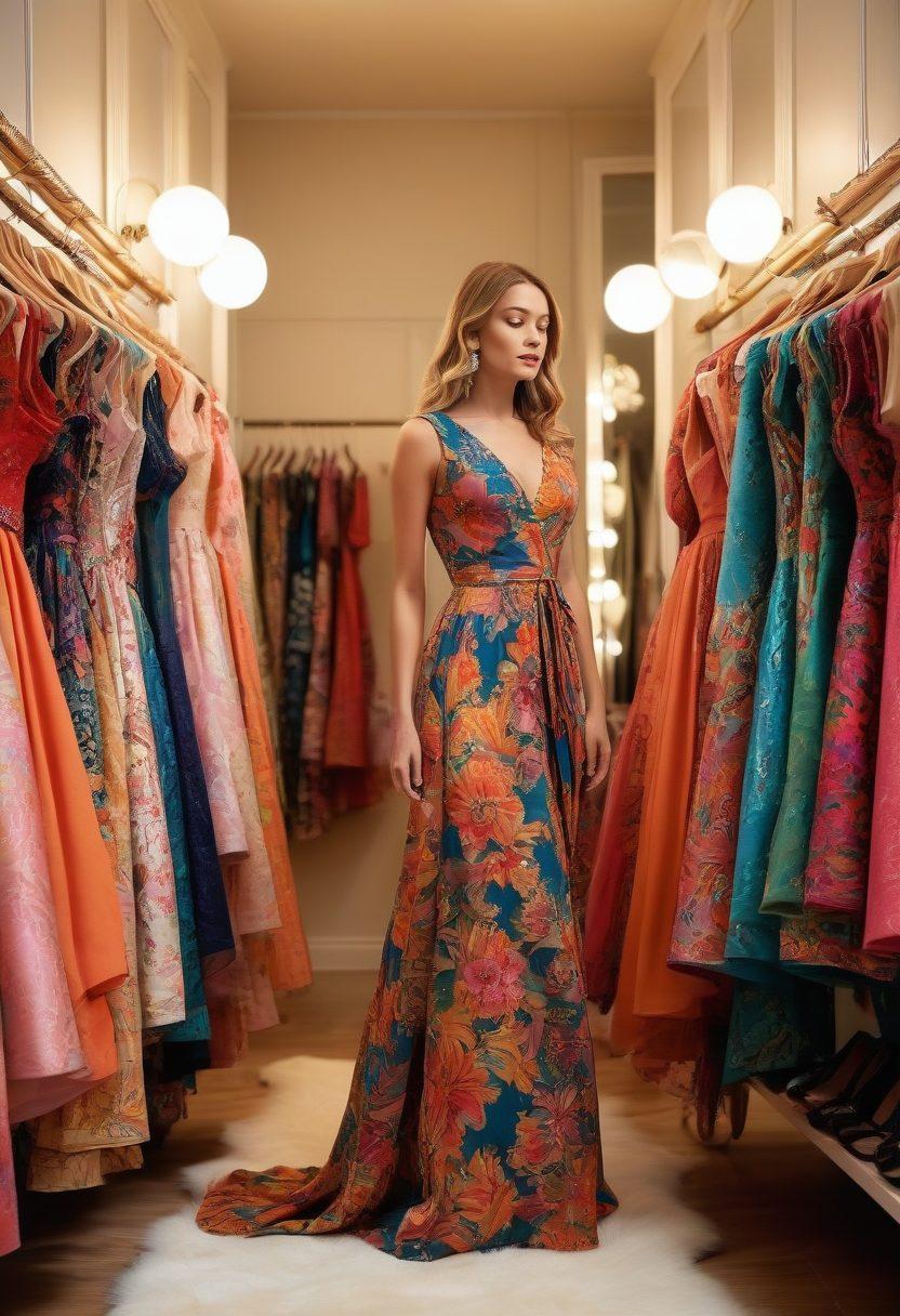 A stylish closet overflowing with colorful Ross dress styles, showcasing vibrant patterns and trendy designs. Incorporate fashionable accessories like bags and shoes cascading around, creating a joyful atmosphere. Soft lighting highlights the garments, emphasizing their textures and colors. Include a mirror reflecting a fashionable individual trying on a stunning dress. super-realistic. vibrant colors. warm background.